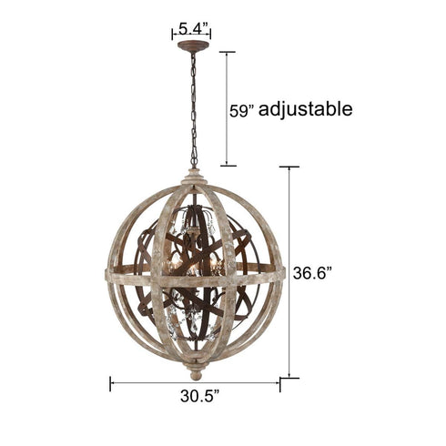 Weathered Wooden Globe Chandelier 5 Light Rustic Metal Crystal Ceiling Lights