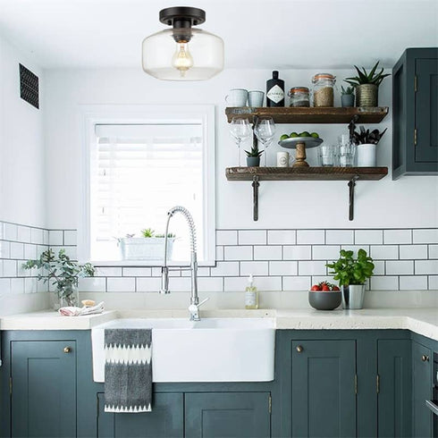 Industrial Semi Flush Ceiling Light Glass Drum Shade, Black