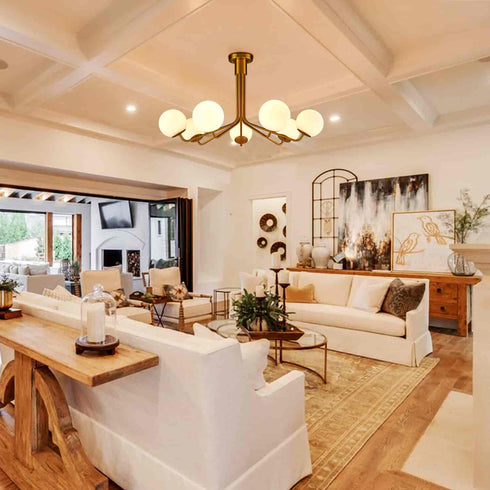 Mid-Century Modern Gold Semi Flush Mount Ceiling Light 7-Light Globe Chandelier Light