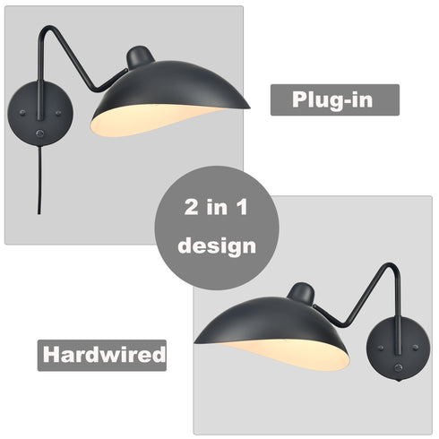 Set of 2 Modern Black Metal Wall Sconce with On/Off Switch Plug-in or Hardwired Swing Arm Wall Light Fixture