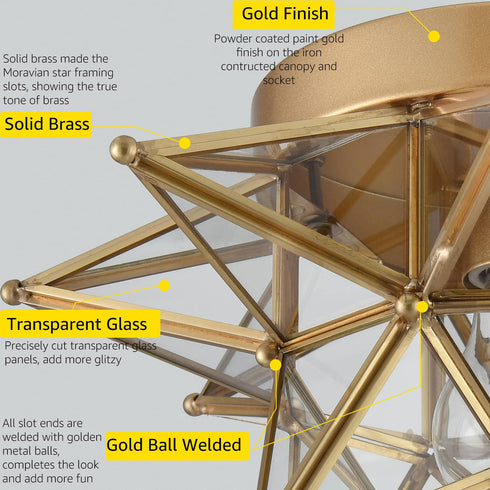 Brass Moravian Star Ceiling Light Flush Mount, Transparent, 12.7-IN