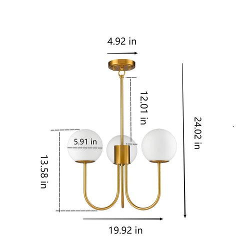 Glass Globe Chandelier Mid Century Pendant Ceiling Lights Milky White Ball Lampshade Wrought Iron for Living Dining Room Bedroom 3 Lights
