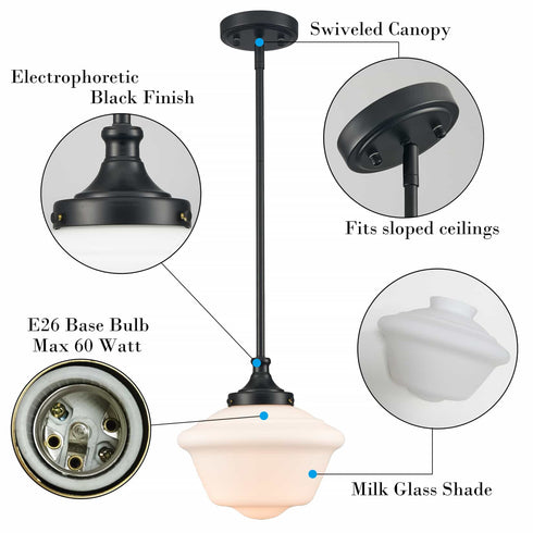 Black Schoolhouse Pendant Light Fixture with Milk Glass Shade