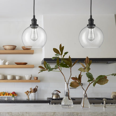 Modern Seeded Glass Globe Pendant Light Kitchen Island, Black