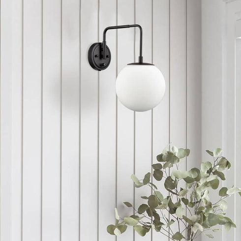 Modern Plug-in Wall Sconce Globe Swing Arm, Black with Switch