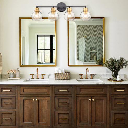 Farmhouse Black and Brass 4-Light Bathroom Globe Vanity Light