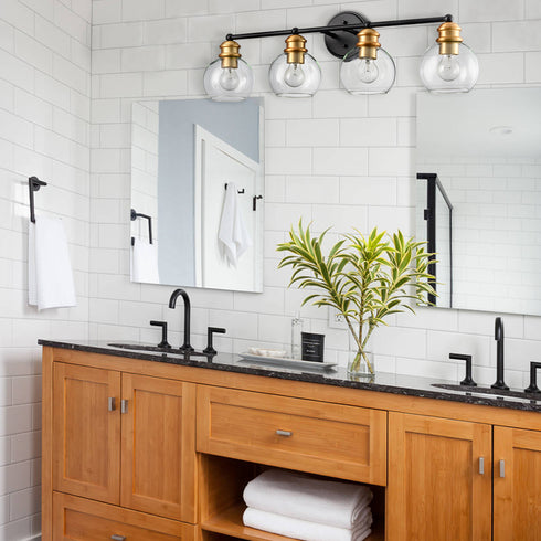 Farmhouse Black and Brass 4-Light Bathroom Globe Vanity Light