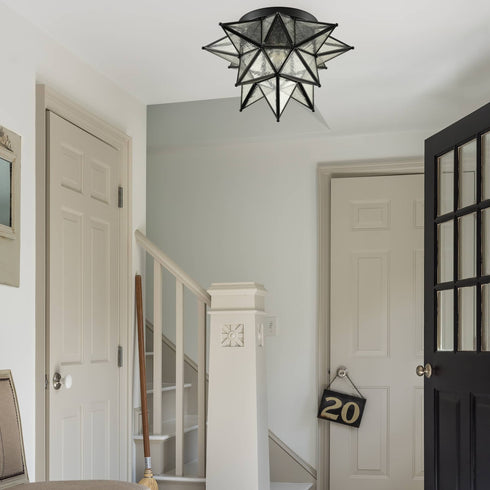 Seeded Glass Moravian Star Flush Mount Ceiling Light, 18-Inch, Black