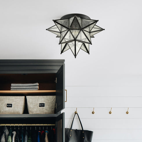 Seeded Glass Moravian Star Flush Mount Ceiling Light, 18-Inch, Black