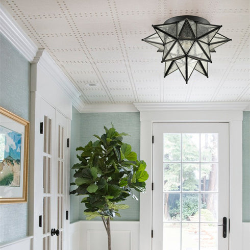 Seeded Glass Moravian Star Flush Mount Ceiling Light, 18-Inch, Black