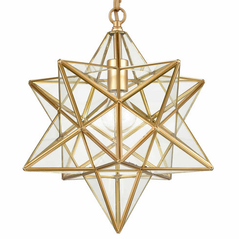 Brass Moravian Star Pendant Lights Clear Glass Shade, 15-Inch
