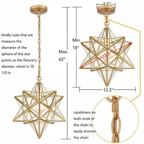 Brass Moravian Star Pendant Lights Clear Glass Shade, 15-Inch