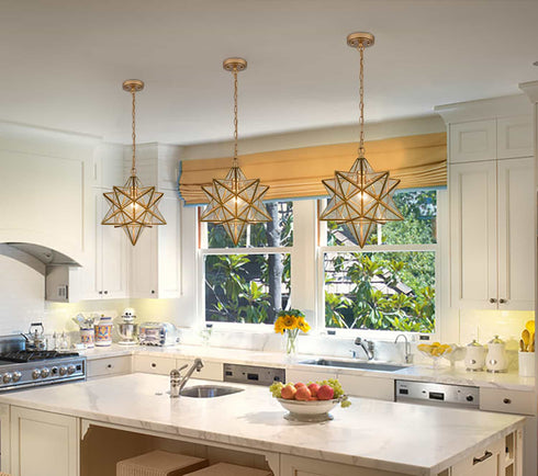 Brass Moravian Star Pendant Lights Clear Glass Shade, 15-Inch