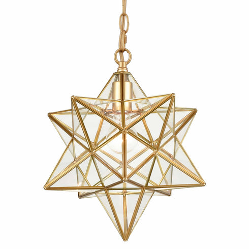 Brass Moravian Star Pendant Light 14-inch Clear Glass Shade