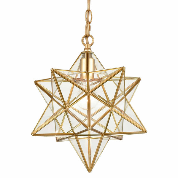 Brass Moravian Star Pendant Light 14-inch Clear Glass Shade