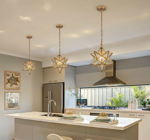 Brass Moravian Star Pendant Light 14-inch Clear Glass Shade