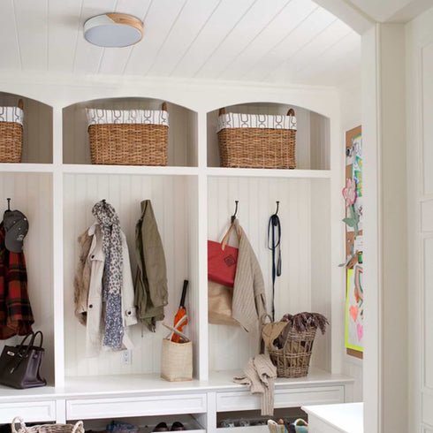 Minimalist White and Wood LED Flush Mount Ceiling Light