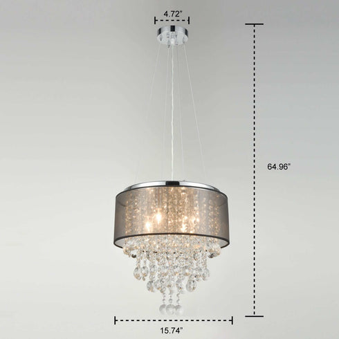 Modern Drum Black Sheer 4-Light Island Chrome Chandelier Crystal