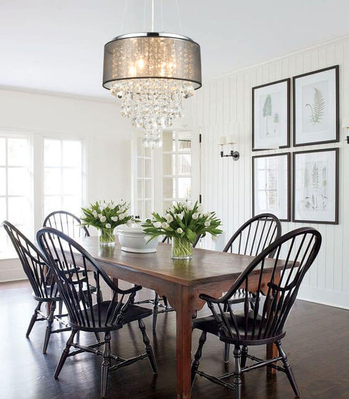 Modern Drum Black Sheer 4-Light Island Chrome Chandelier Crystal