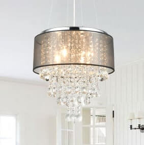 Modern Drum Black Sheer 4-Light Island Chrome Chandelier Crystal