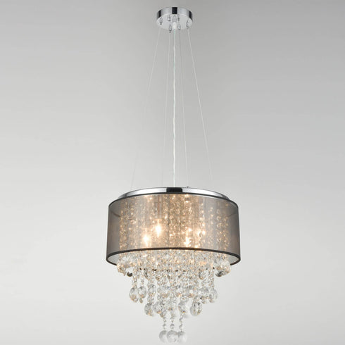 Modern Drum Black Sheer 4-Light Island Chrome Chandelier Crystal