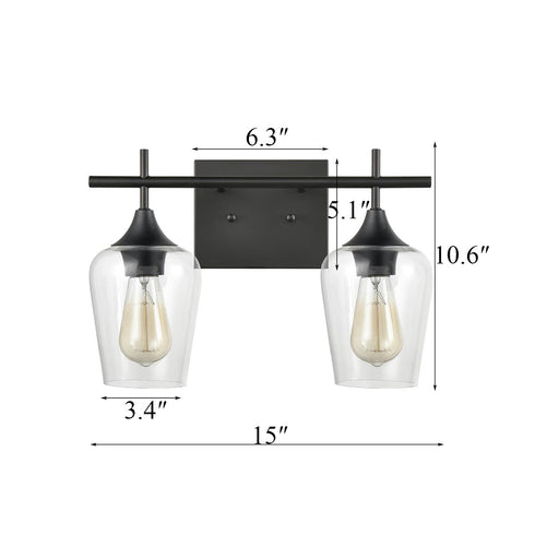 2-Light Bathroom Vanity Lighting Clear Glass Wall Sconces Matte Black