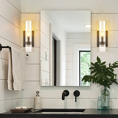 Modern Black Wall Sconce Cylinder Glass for Bathroom