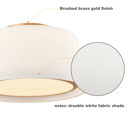 Gold Led Flush Mount Ceiling Light Drum White Fabric Shade 3000k-5500k,24W,1600LM