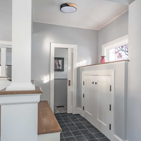 Modern Black and Wood LED Flush Mount Ceiling Light