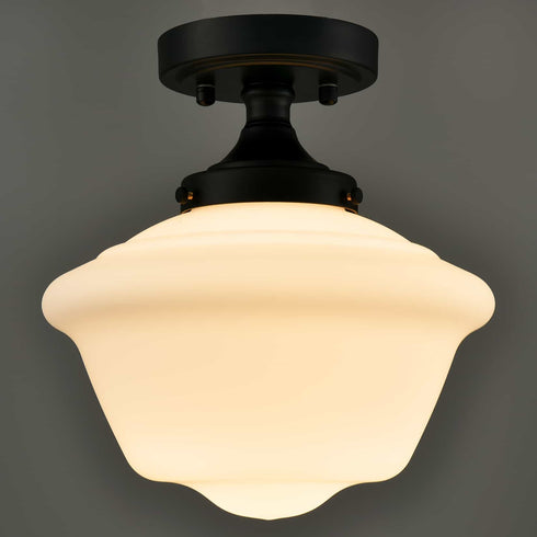 Black Schoolhouse Ceiling Light Fixture with Milk Glass Shade