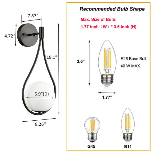 Modern Wall Sconce Milk Globe Light Black