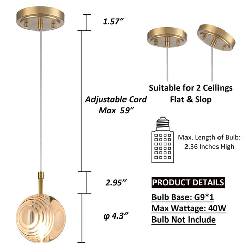 Modern Gold Round Crystal Pendant Light Glass Globe Pendant Lights Kitchen Island