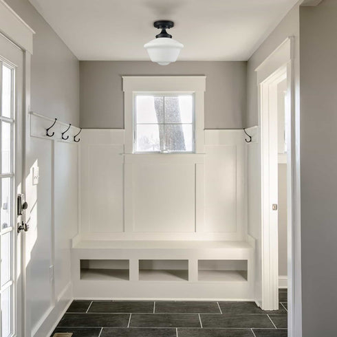 Black Schoolhouse Ceiling Light Fixture with Milk Glass Shade