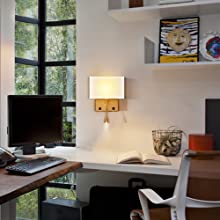 2-pack Modern Gold with white Fabric Wall Sconces with USB Charging Port|LED lighting|Twin on/off Switch for Bedroom