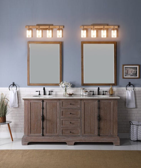 Farmhouse Wood Wall Sconce with Clear Glass Shades 4 Lights