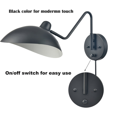 Set of 2 Modern Black Metal Wall Sconce with On/Off Switch Plug-in or Hardwired Swing Arm Wall Light Fixture