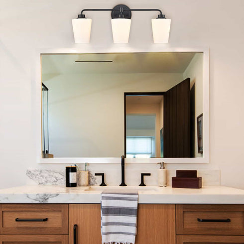 3-Light Black Bathroom Vanity Light Fixture with Milk Glass Shade