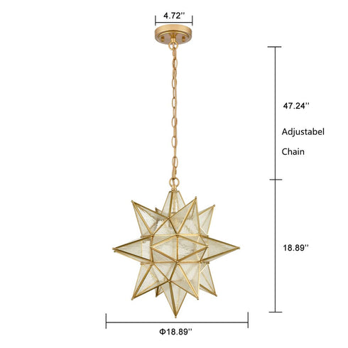 Moravian Star Pendant Chandelier Seeded Glass Gold Light 19 Inches