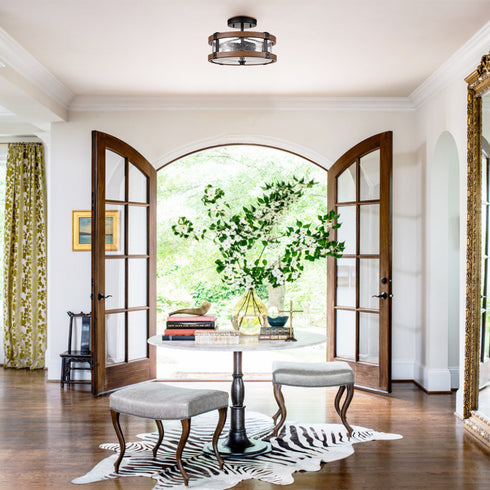 2-Light Farmhouse Wood Grain Paint with Black Metal Semi Flush Mount Ceiling Light with Seeded Glass