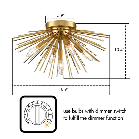 Mid-Century Sputnik Flush Mount Ceiling Light 5-Light Brass Ceiling Light Fixture
