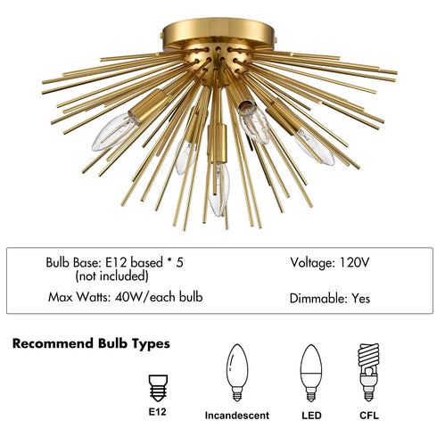 Mid-Century Sputnik Flush Mount Ceiling Light 5-Light Brass Ceiling Light Fixture