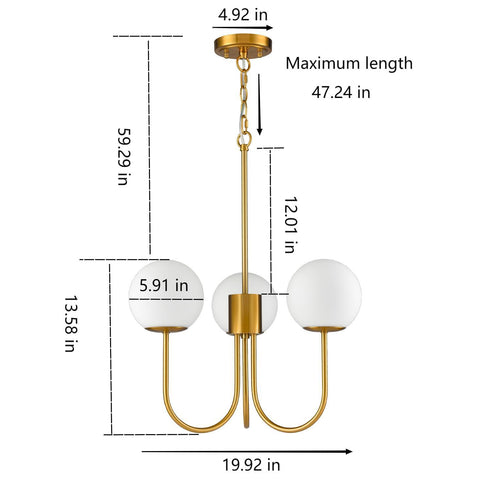 Glass Globe Chandelier Mid Century Pendant Ceiling Lights Milky White Ball Lampshade Wrought Iron for Living Dining Room Bedroom 3 Lights
