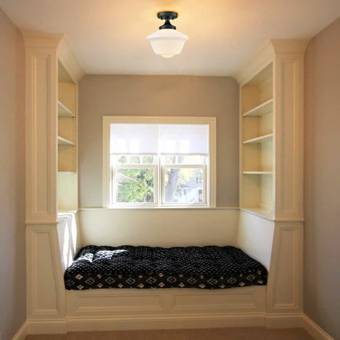 Black Schoolhouse Ceiling Light Fixture with Milk Glass Shade