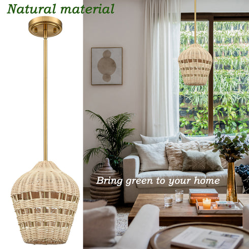 Gold Rattan Pendant Light Boho Hanging Light for Bedroom Living room
