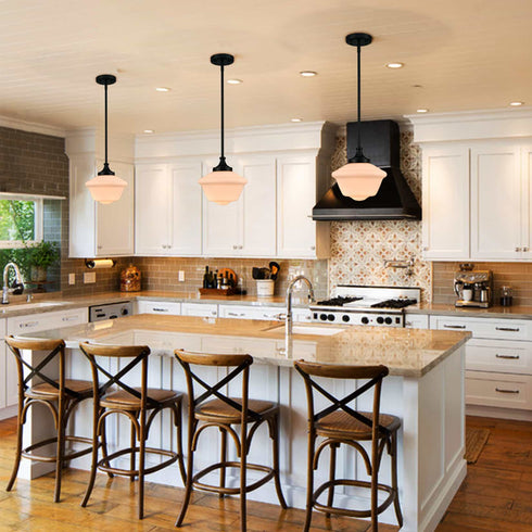Black Schoolhouse Pendant Light Fixture with Milk Glass Shade