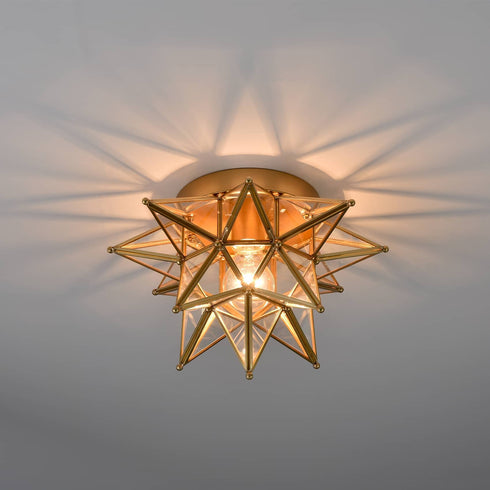 Brass Moravian Star Ceiling Light Flush Mount, Transparent, 12.7-IN