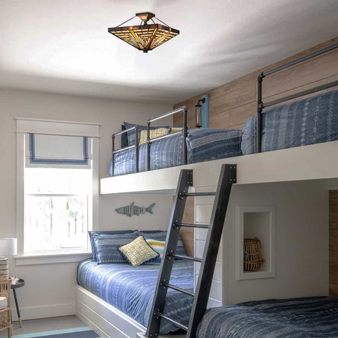 Tiffany Semi Flush Mount Light with Stained Glass Ceiling Light Fixture