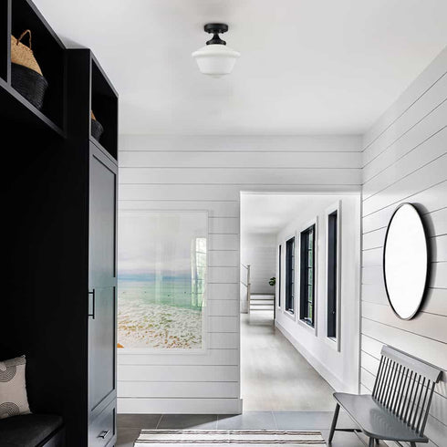 Black Schoolhouse Ceiling Light Fixture with Milk Glass Shade