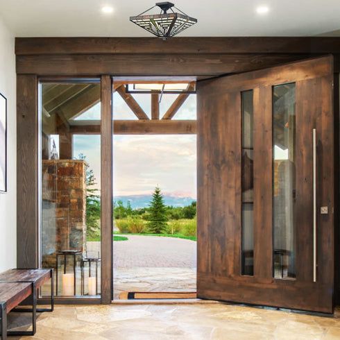 Tiffany Semi Flush Mount Light with Stained Glass Ceiling Light Fixture