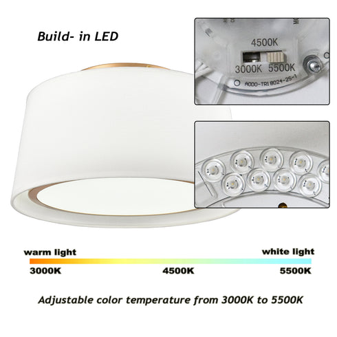 Gold Led Flush Mount Ceiling Light Drum White Fabric Shade 3000k-5500k,24W,1600LM